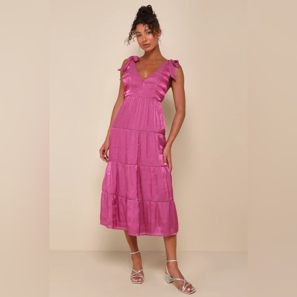 NWT Lulus Exemplary Shine Magenta Organza Tie-Strap Tiered Midi Dress